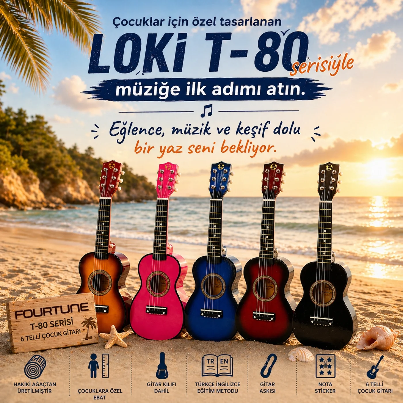 Fourtune Loki T-80BL 6 Telli Mavi Çocuk Gitarı Gerçek Ağaç