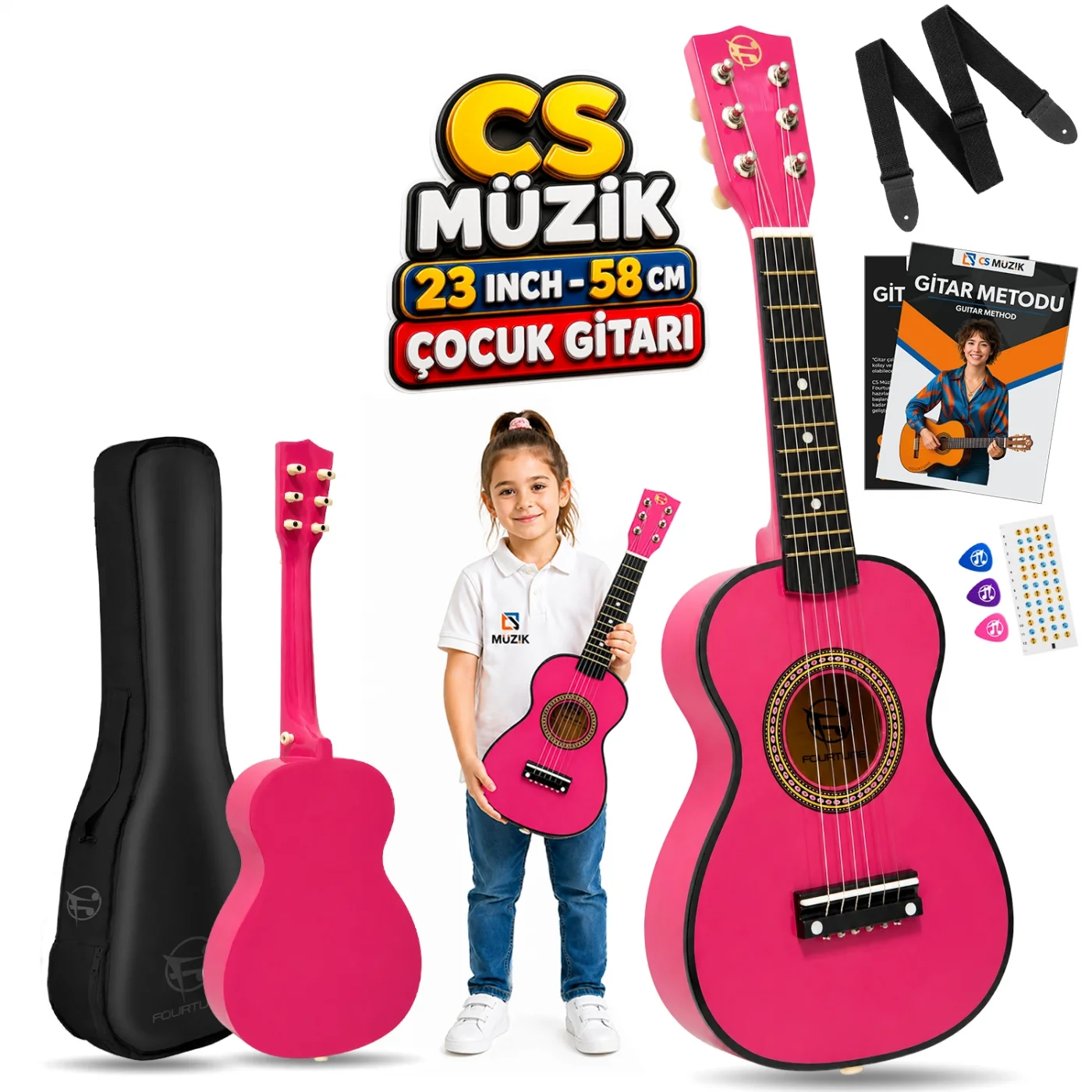 Fourtune Loki T-80PK 6 Telli Pembe Çocuk Gitarı Gerçek Ağaç