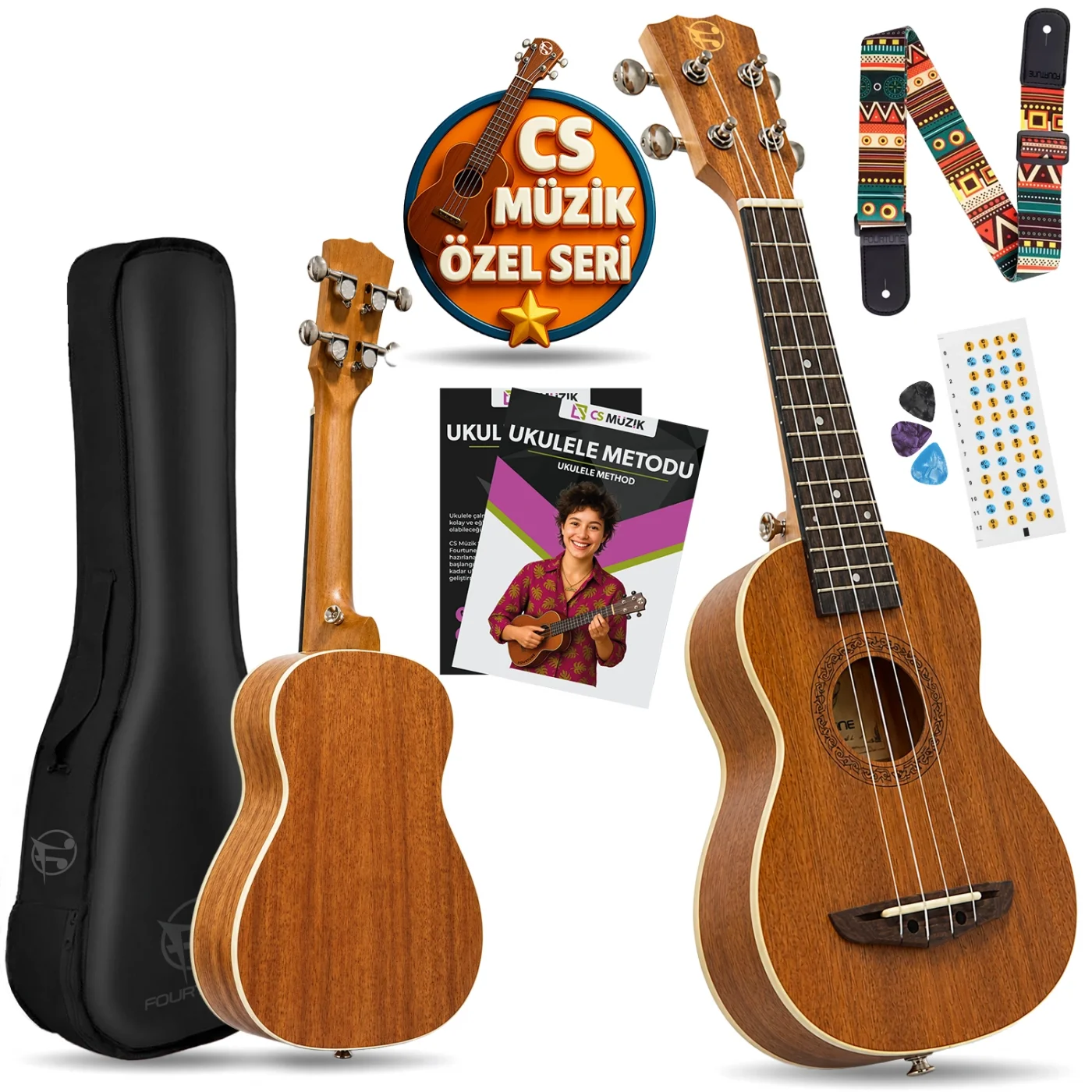 Fourtune Sydra UKS-21M Soprano Ukulele Maun Ağacı Profesyonel Ukulele Seti
