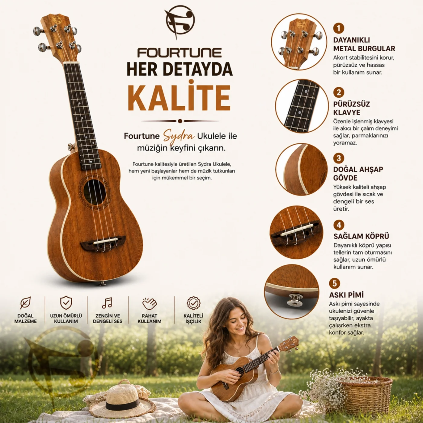 Fourtune Sydra UKS-21M Soprano Ukulele Maun Ağacı Profesyonel Ukulele Seti