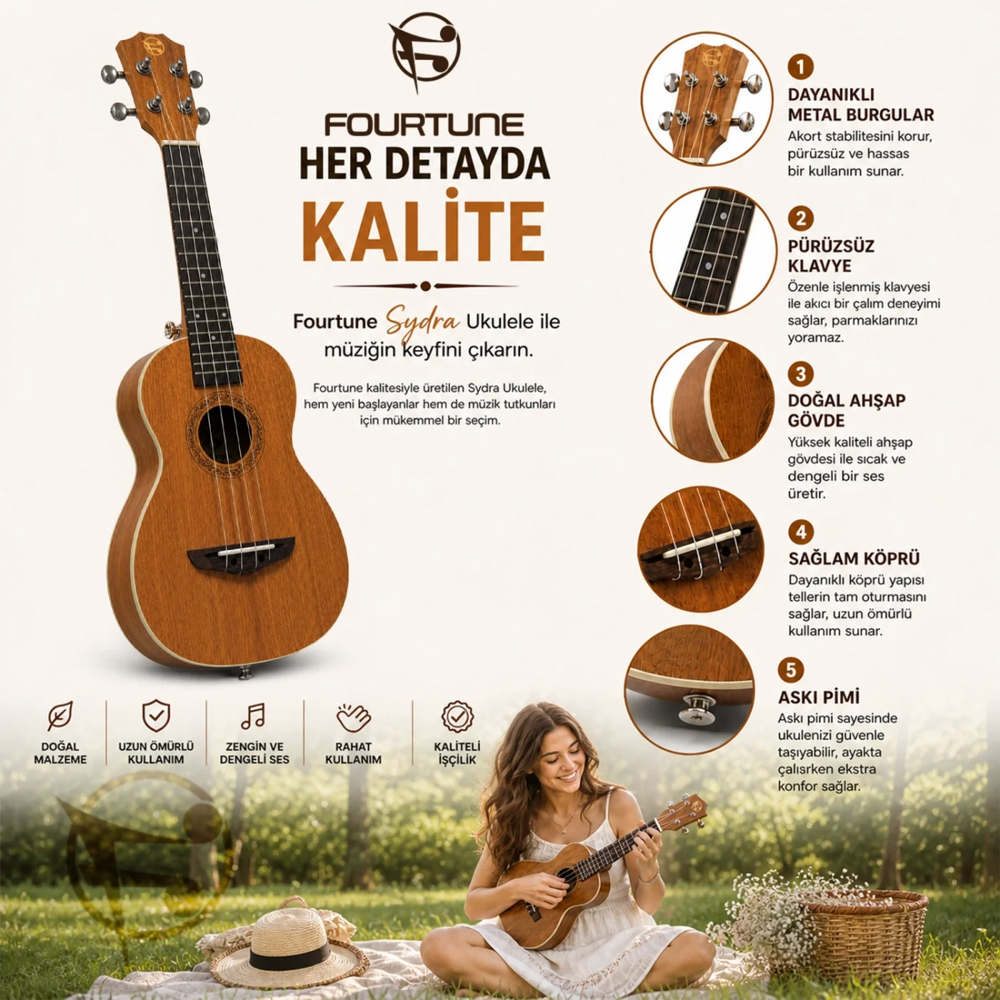 Fourtune Sydra UKC-23M Concert Ukulele Maun Ağacı Profesyonel Ukulele Seti