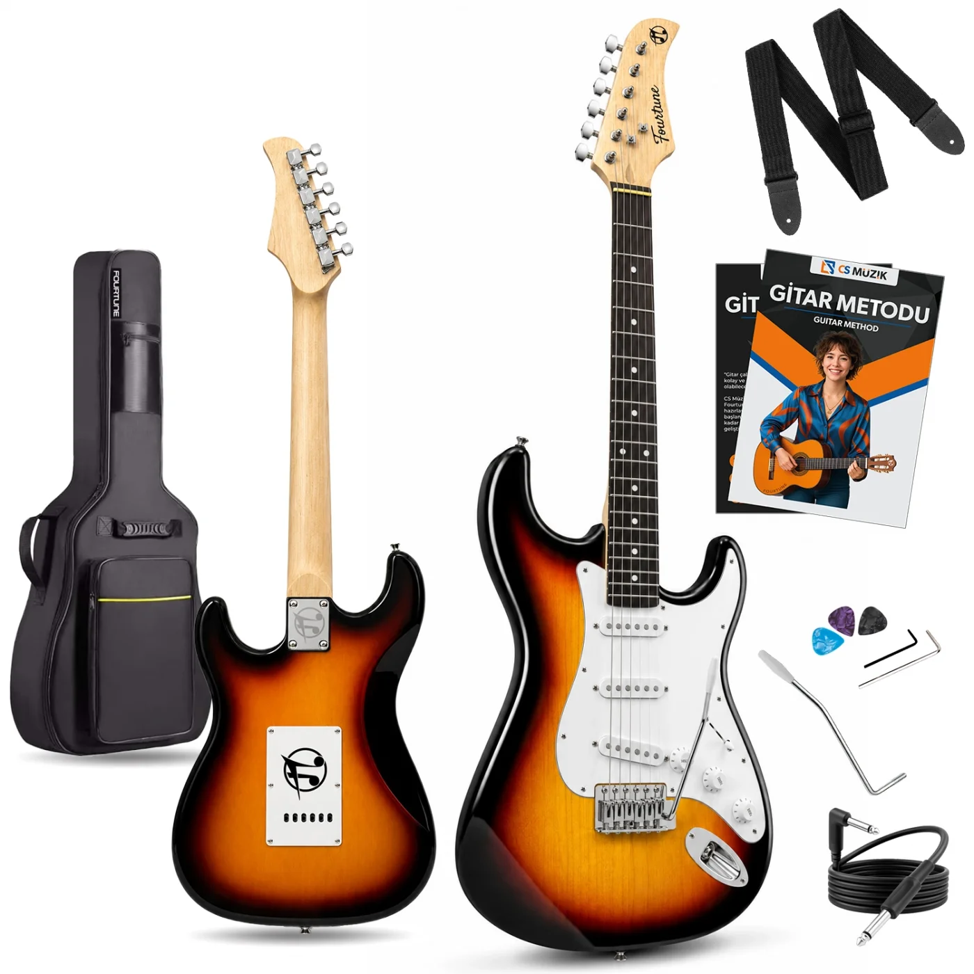 Fourtune Atlas EG-1000SB Gül Klavye Strat Kasa SSS Sunburst Elektro Gitar Seti