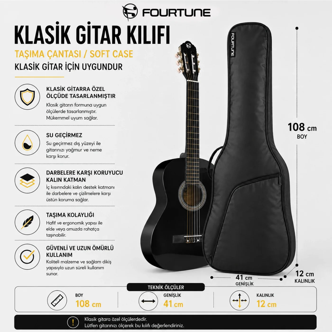 Fourtune Luca Siyah Klasik Gitar Kılıfı Kalın Taşıma Çantası (Eğitim Metodu Hediye)