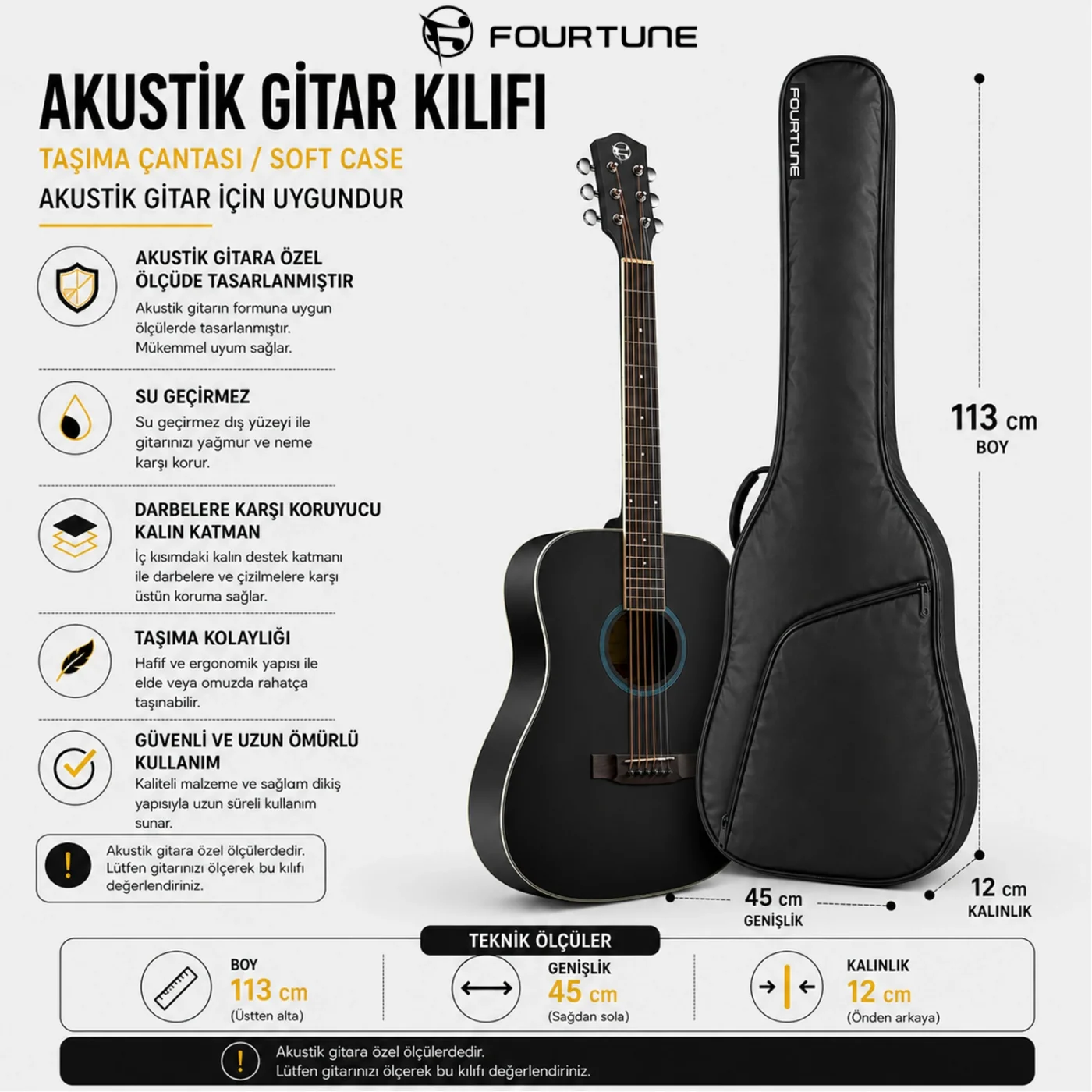 Fourtune Luca Siyah Akustik Gitar Kılıfı Kalın Taşıma Çantası (Eğitim Metodu Hediye)