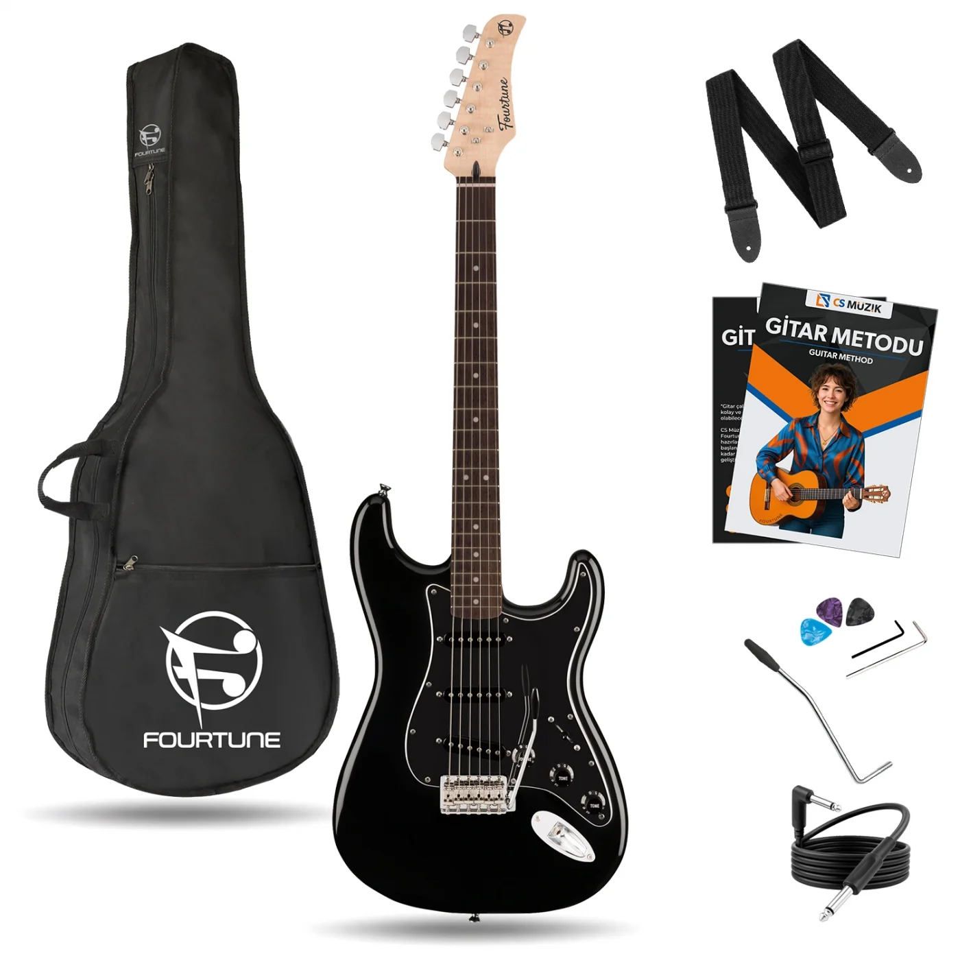 Fourtune Atlas EG-1000BK Gül Klavye Strat Kasa SSS Siyah Elektro Gitar Seti