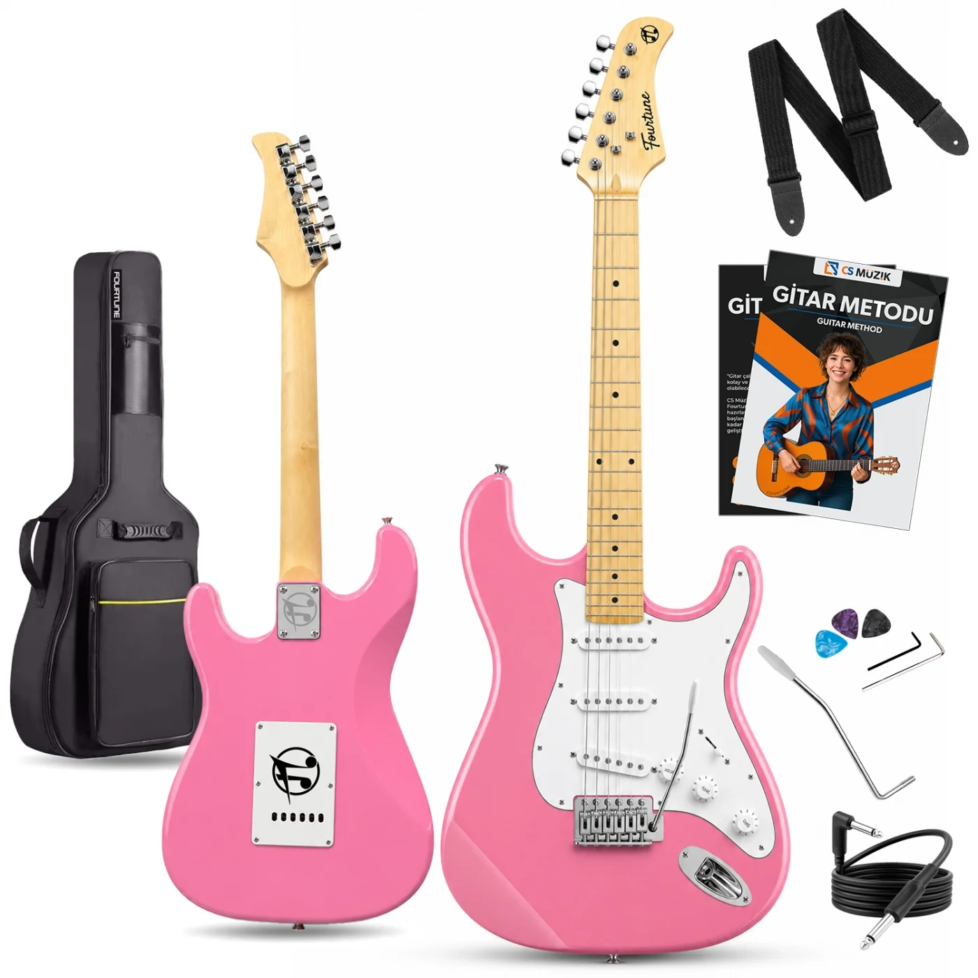 Fourtune Atlas EG-1000PK Maple Klavye Strat Kasa SSS Pembe Elektro Gitar Seti