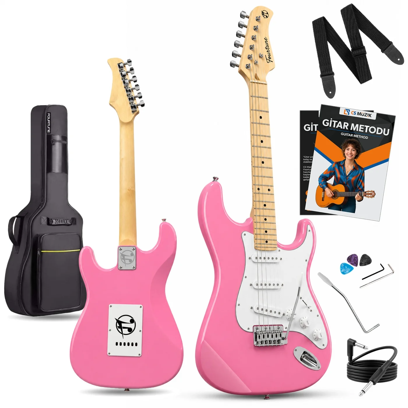 Fourtune Atlas EG-1000PK Maple Klavye Strat Kasa SSS Pembe Elektro Gitar Seti