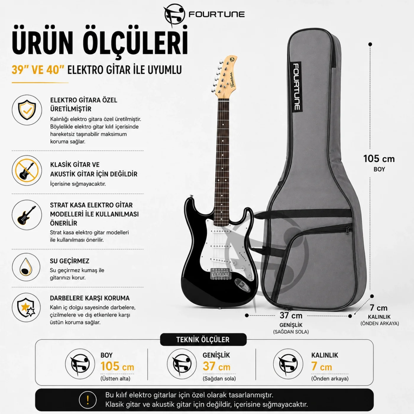 Fourtune Atlas Gri Elektro Gitar Çantası Gigbag Kalın (Soft Case)
