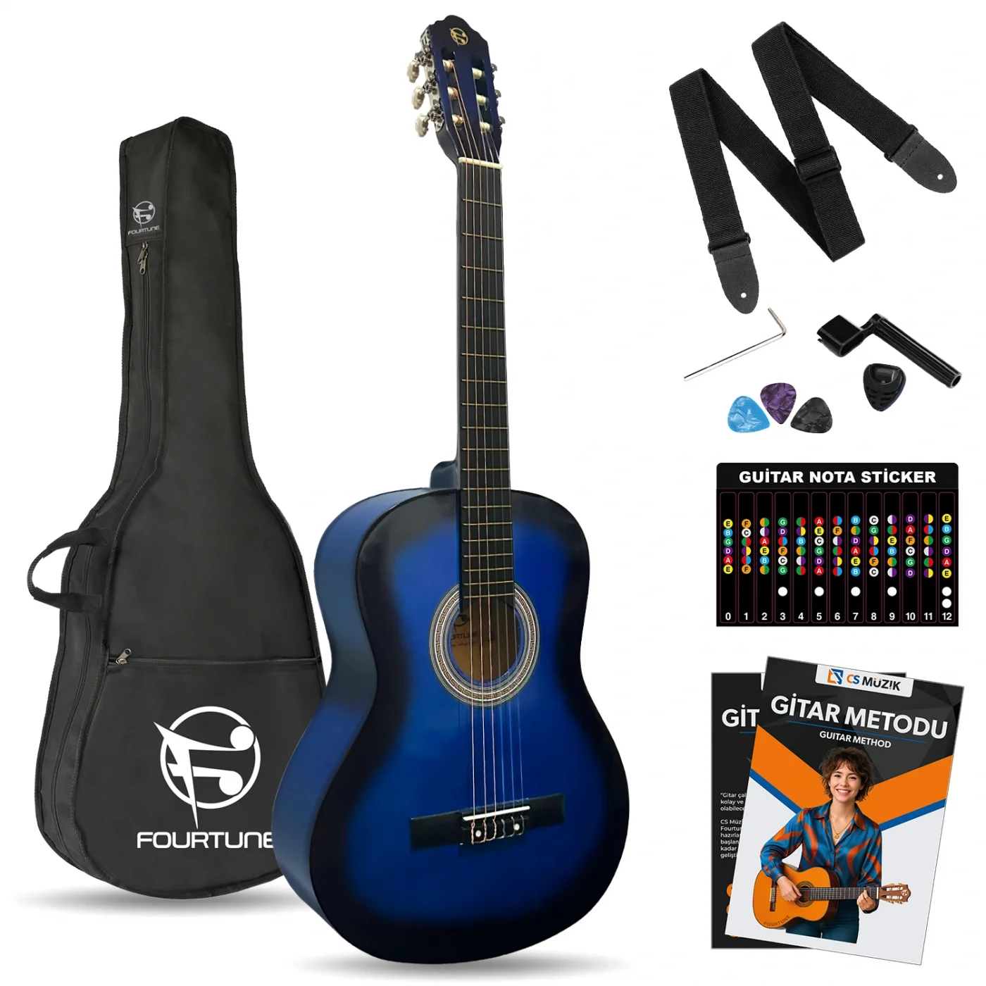 Fourtune Luca C-180BL Mavi Klasik Gitar Seti 4/4 Sap Ayarlı