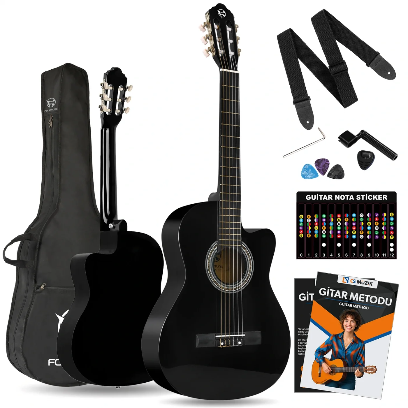 Fourtune Luca CW-200BK Siyah Kesik Kasa Klasik Gitar Seti 4/4 Sap Ayarlı (Cutaway)