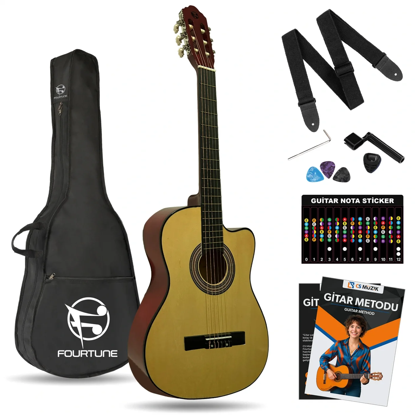 Fourtune Luca CW-200YL Sarı Kesik Kasa Klasik Gitar Seti 4/4 Sap Ayarlı (Cutaway)