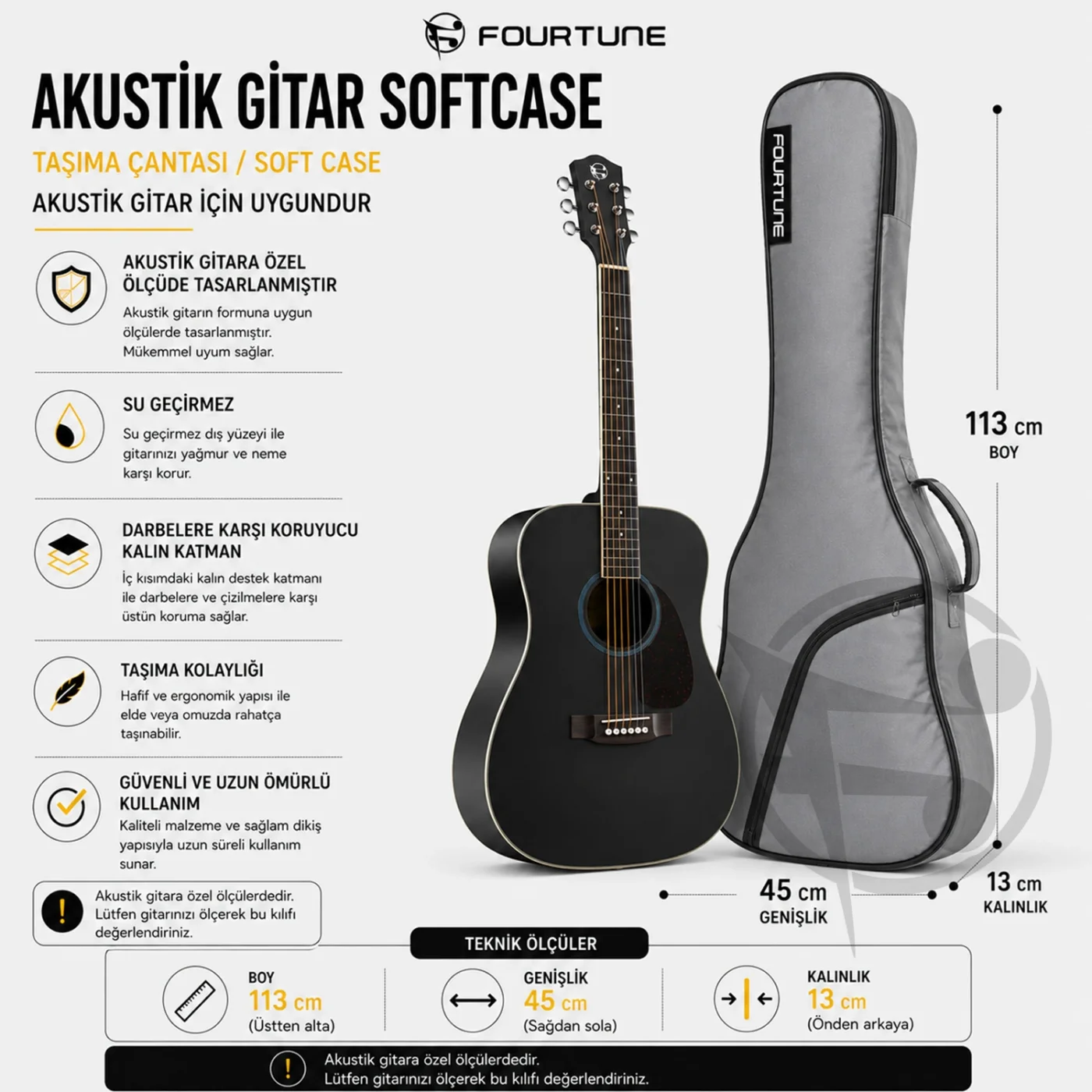 Fourtune Luca Gri Akustik Gitar Çantası Gigbag Kalın (Soft Case)