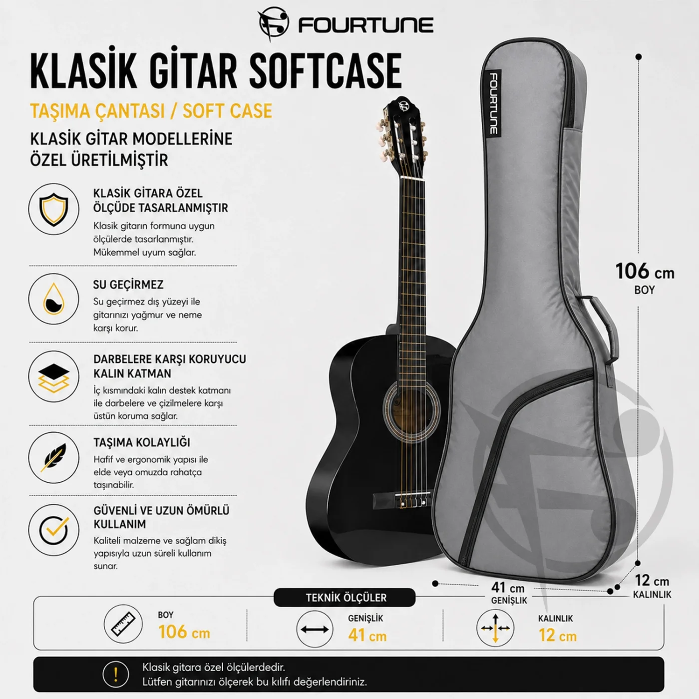 Fourtune Luca Gri Klasik Gitar Çantası Gigbag Kalın (Soft Case)