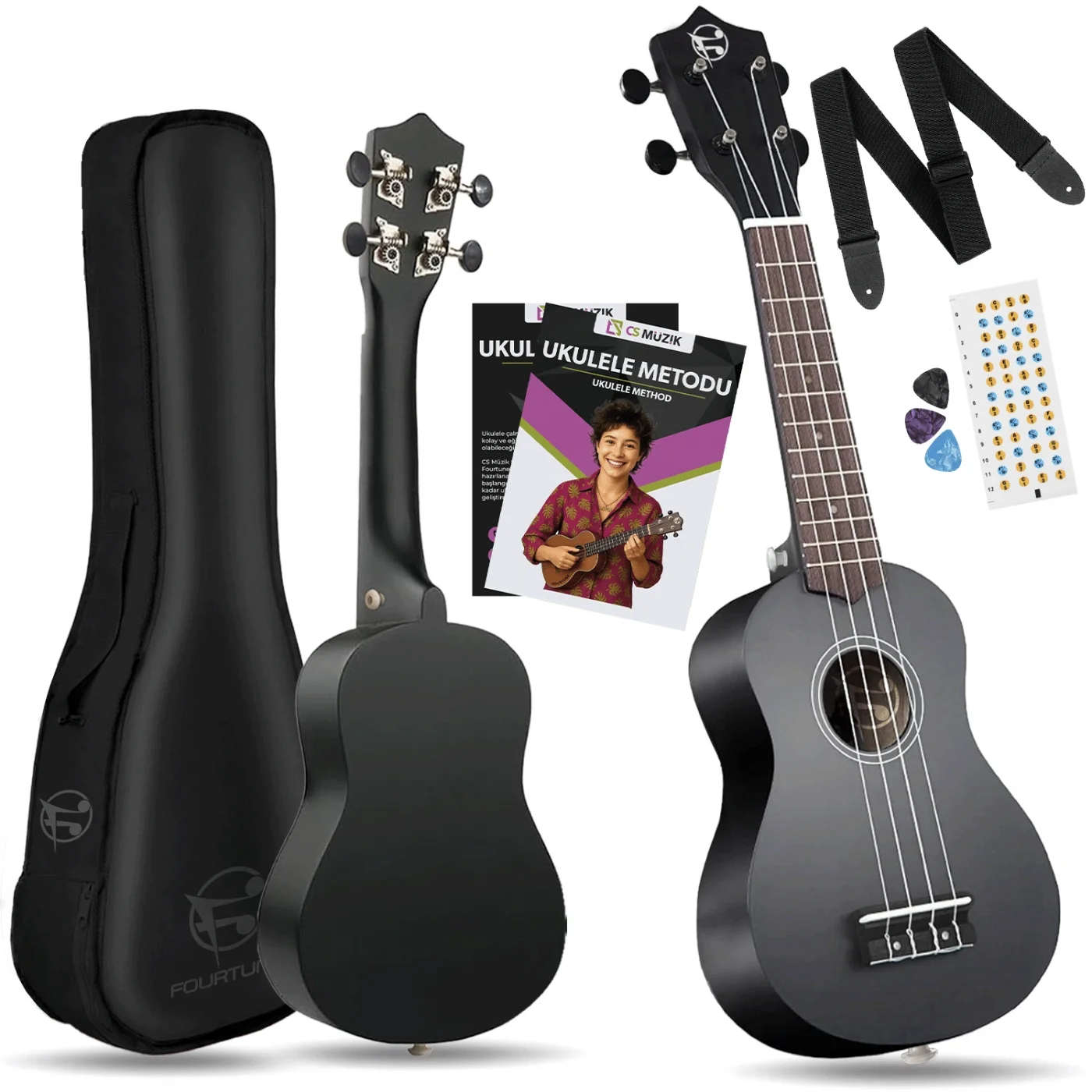 Fourtune Nova UKS-21BK Gül Ağacı Siyah Soprano Ukulele Seti