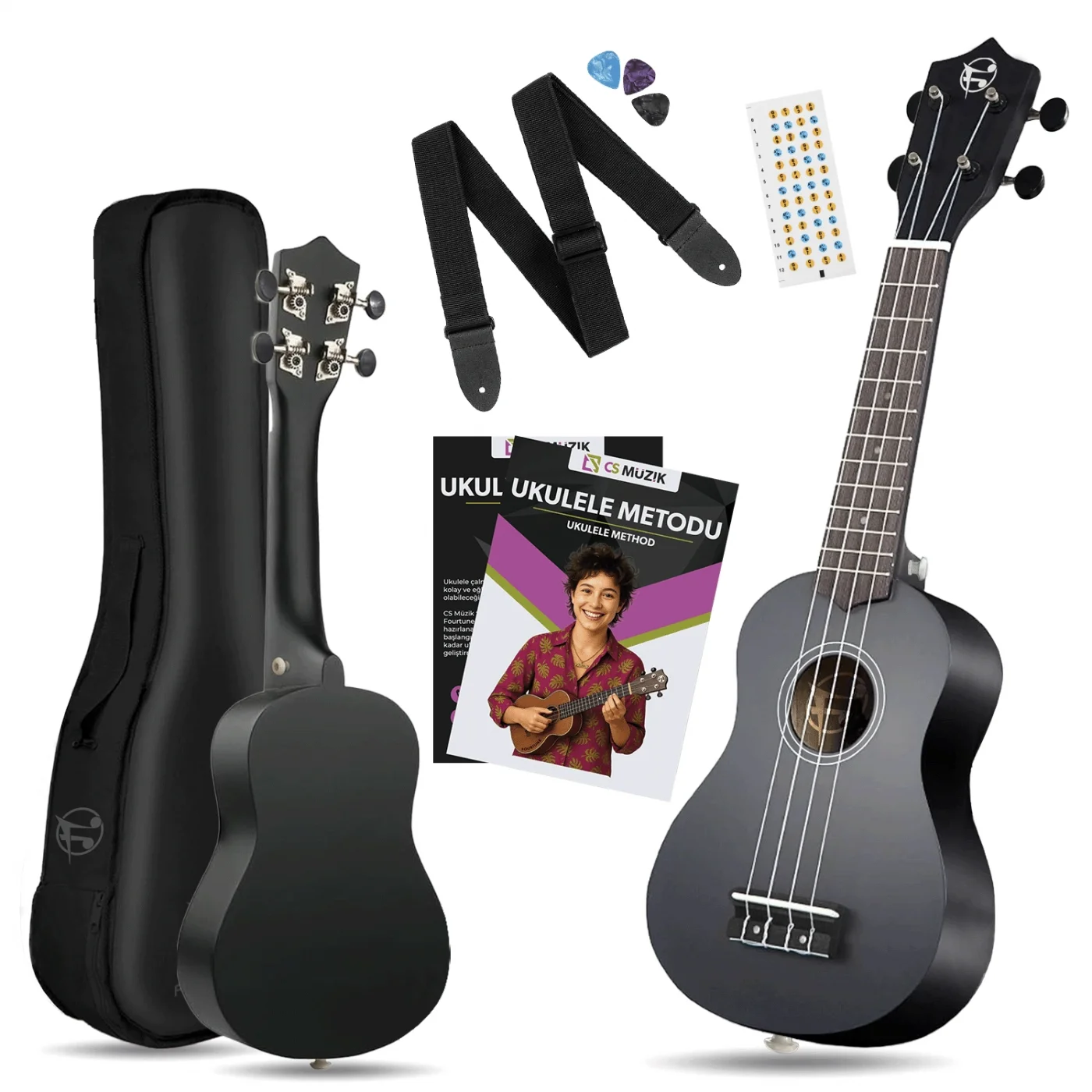 Fourtune Nova UKS-21BK Gül Ağacı Siyah Soprano Ukulele Seti