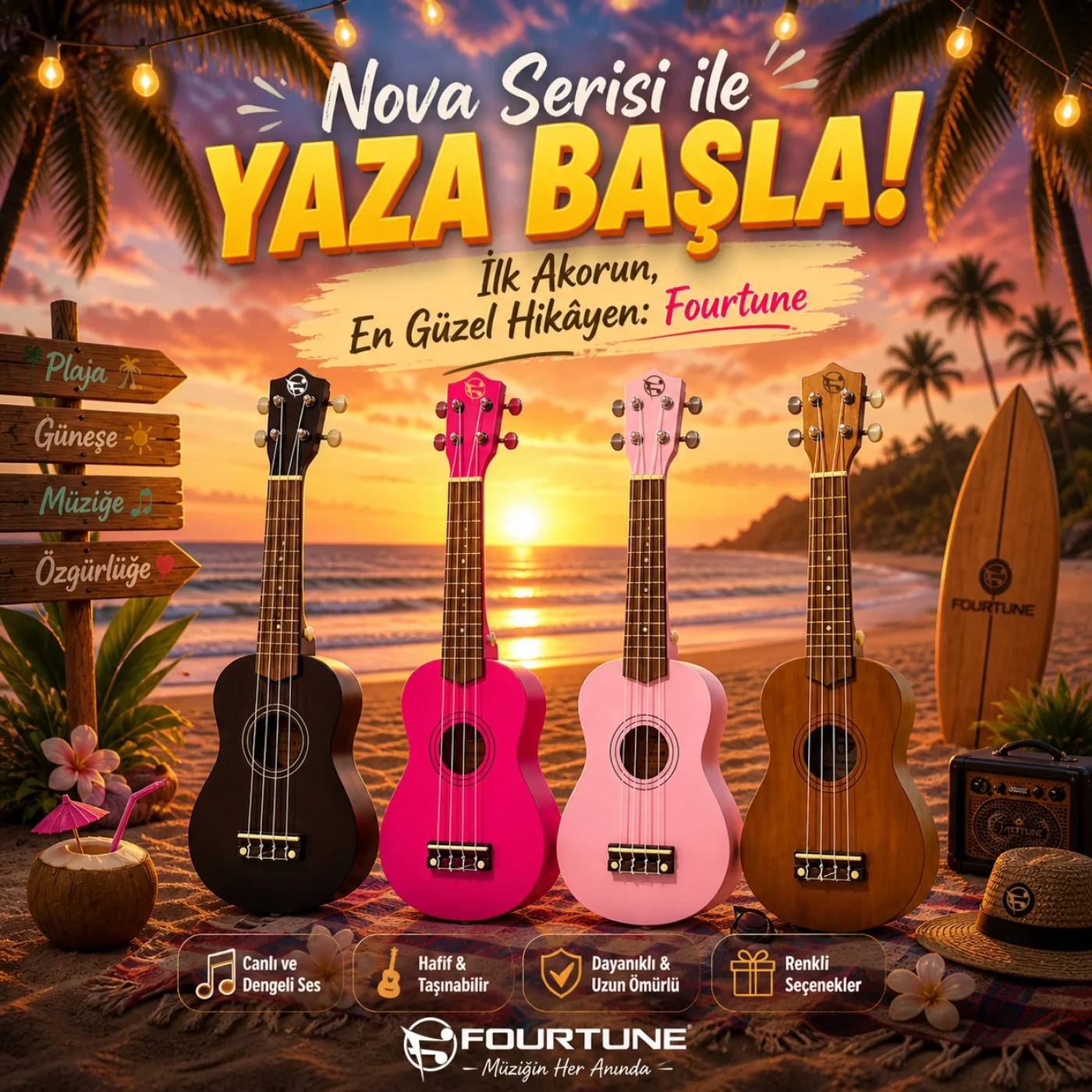 Fourtune Nova UKS-21DPK Soprano Pembe Ukulele Seti