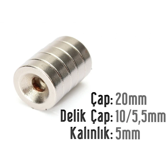 Çap 20mm X Delik çap 10 / 5,5 X Kalınlık 5mm Havşalı Mıknatıs
