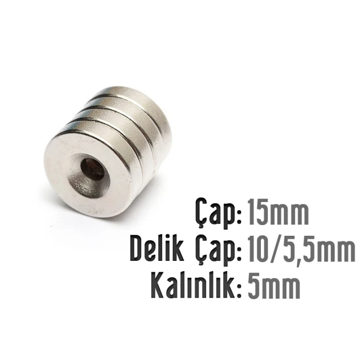 Çap 15mm X Delik çap 10/5,5 Kalınlık 5mm Havşalı Mıknatıs