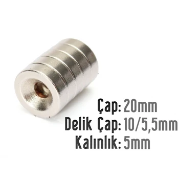 Çap 20mm X Delik çap 10 / 5,5 X Kalınlık 5mm Havşalı Mıknatıs