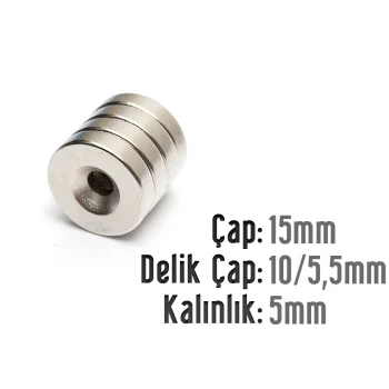 Çap 15mm X Delik çap 10/5,5 Kalınlık 5mm Havşalı Mıknatıs