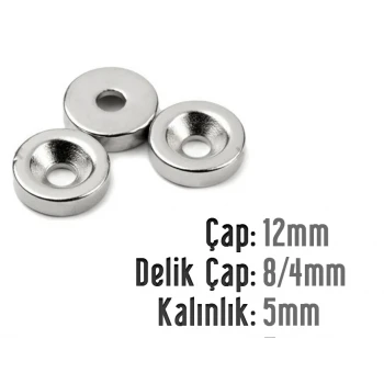 Çap 12mm X Delik çap 8/4 Kalınlık 5mm Havşalı Mıknatıs
