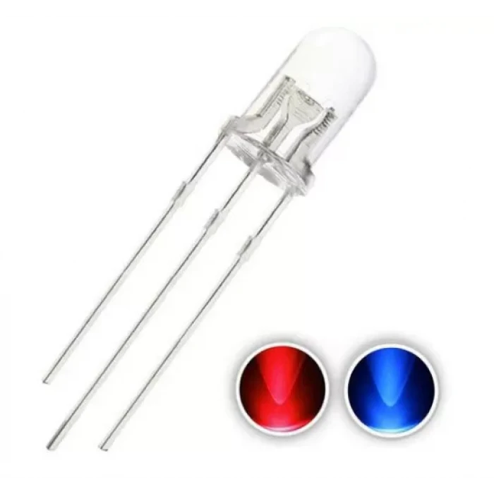 3mm LED Ultra Parlak Mcd Mavi - Kırmızı Ortak Katot Çift Renkli Şeffaf