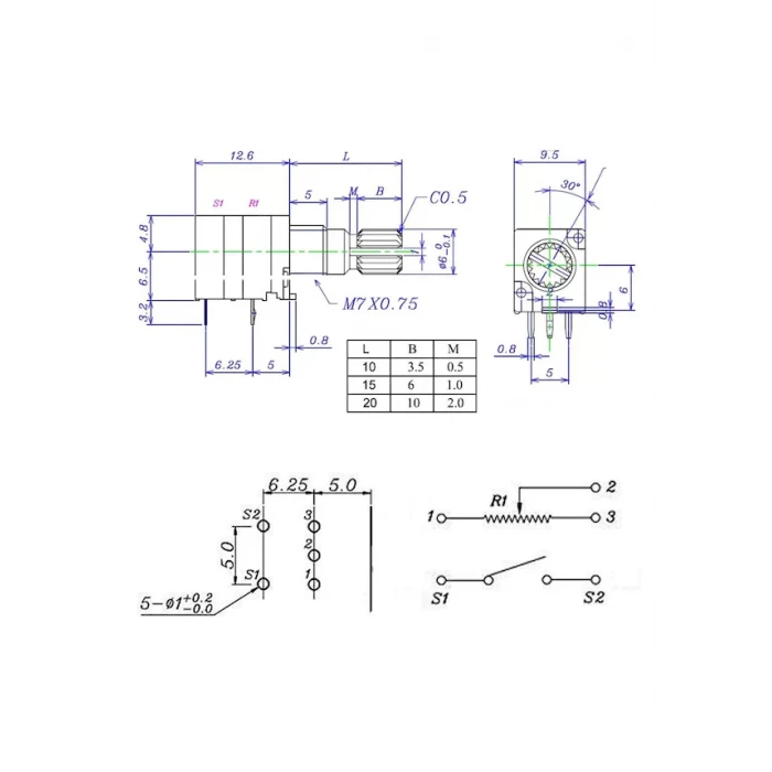 Anahtarlı 10K Pot B10K 5 Pin