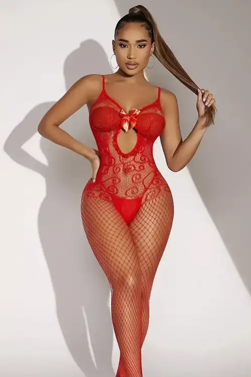 Kadın Kırmızı File Bodysuit Fantazi Vücut Çorabı