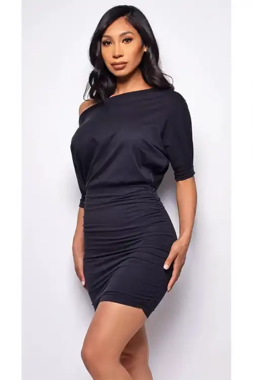 Siyah Kadın Omzu Açık Yarım kol Mini Elbise