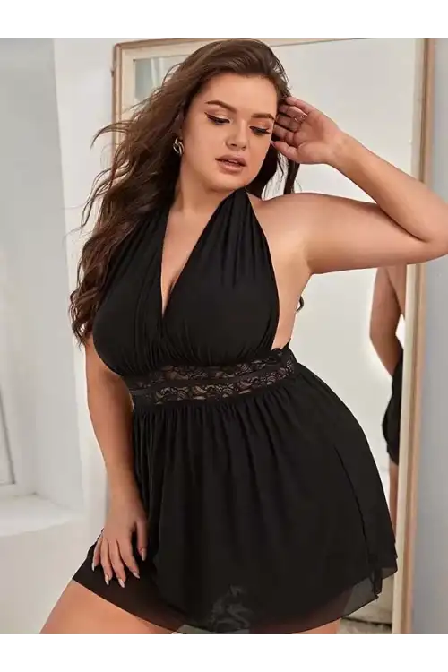 Siyah Bel Dekolteli Gecelik Takım