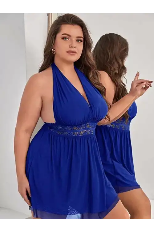 Saks Mavi Bel Dekolteli Gecelik Takım