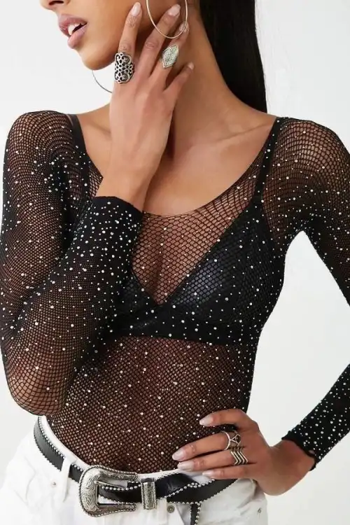Beatiful Kadın Parlak Elmas Taşlı Omuz Detaylı File Body Bluz
