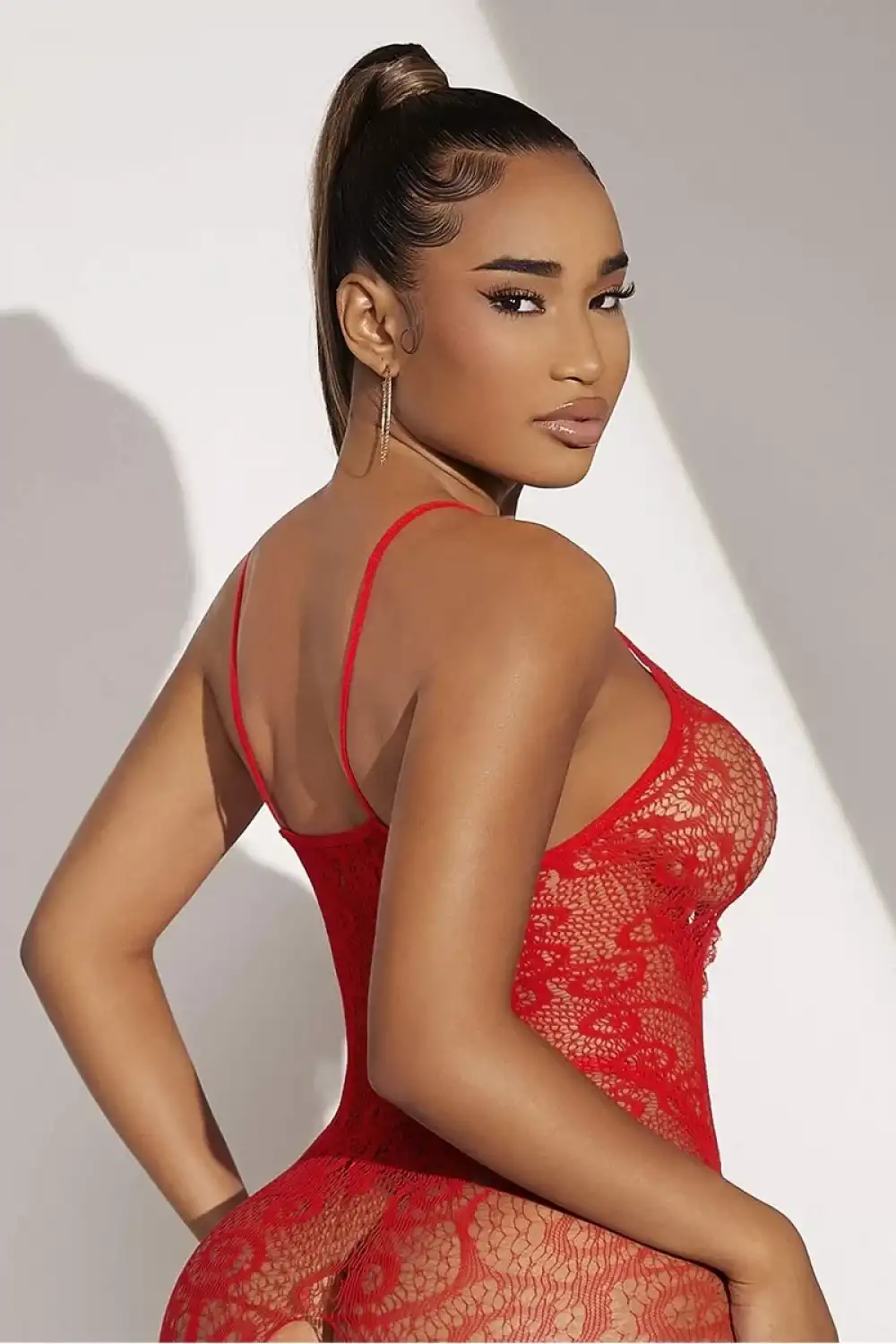 Kadın Kırmızı File Bodysuit Fantazi Vücut Çorabı