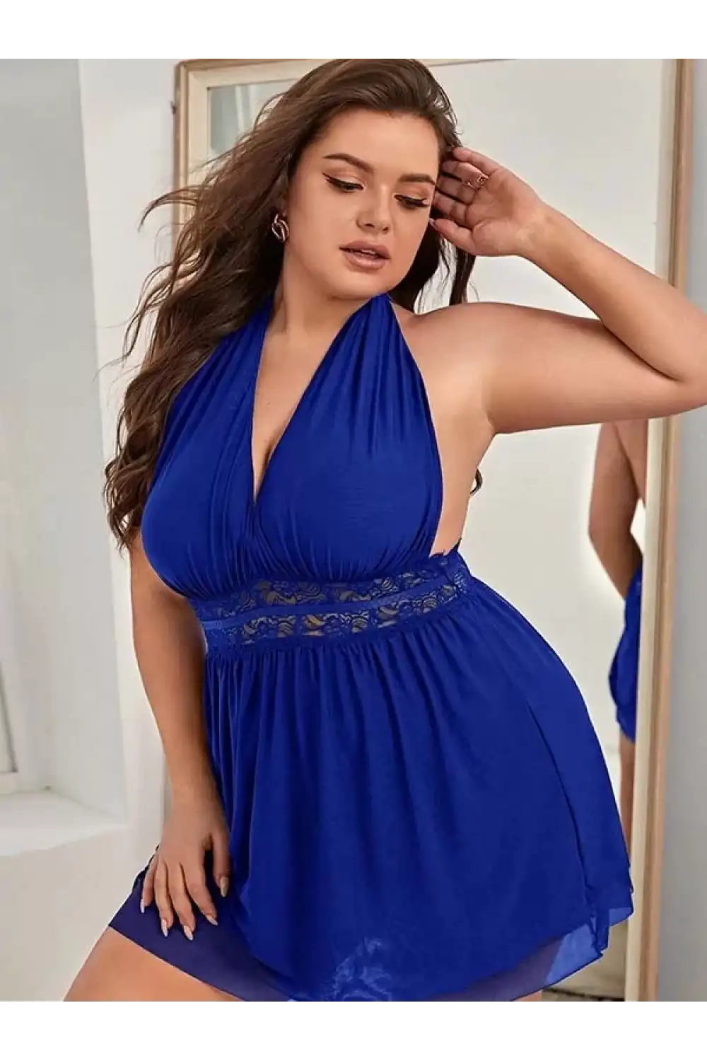Saks Mavi Bel Dekolteli Gecelik Takım