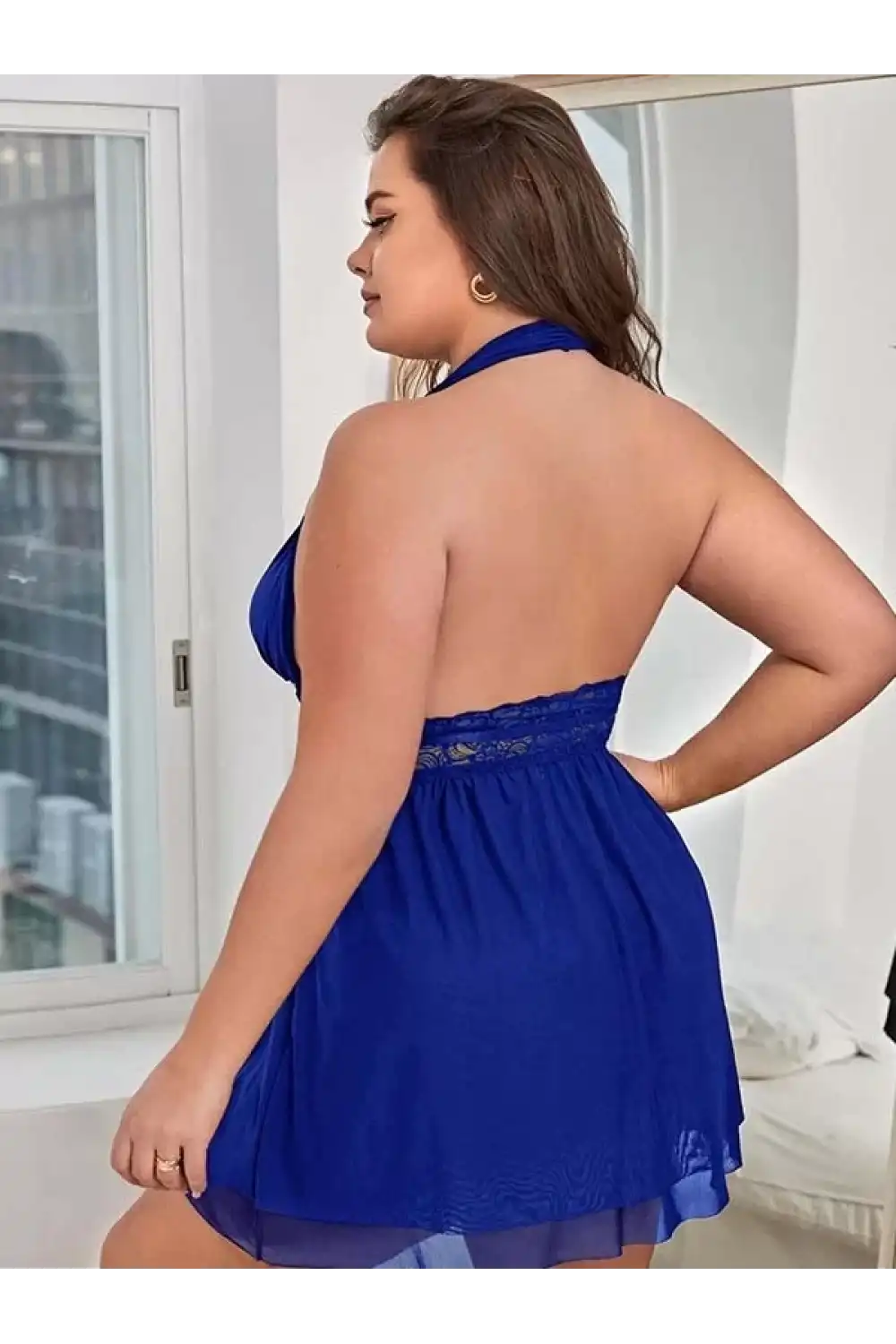 Saks Mavi Bel Dekolteli Gecelik Takım