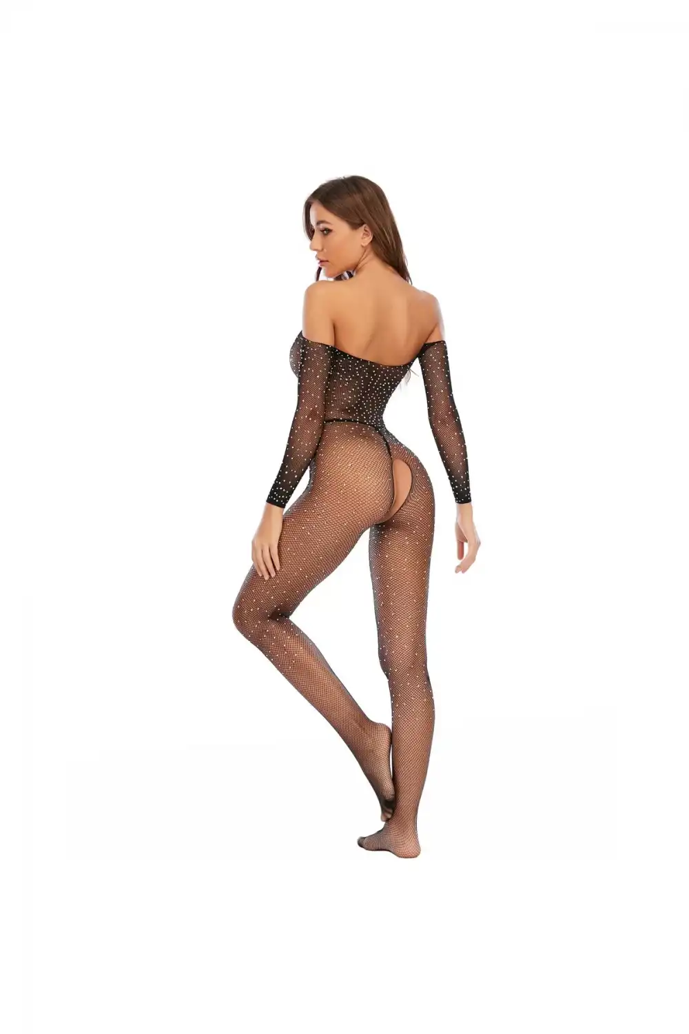 Özel Bölgesi Açık Kadın Full Taşlı Bodysuit Fantezi Vücut Çorabı