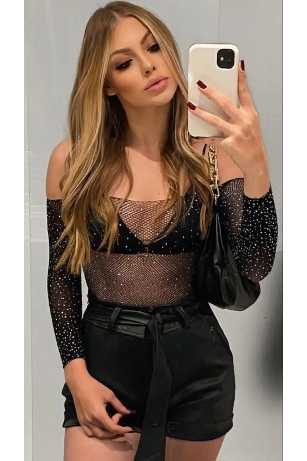 Beatiful Kadın Parlak Elmas Taşlı Omuz Detaylı File Body Bluz