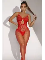 Kadın Kırmızı File Bodysuit Fantazi Vücut Çorabı