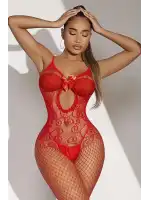 Kadın Kırmızı File Bodysuit Fantazi Vücut Çorabı