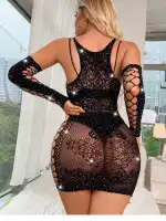 Kadın Siyah Eldivenli Mini Elbise Taşlı Fantezi Vücut Çorabı