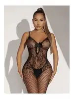 Kadın Siyah Göğüsü Dantelli Fantazi Özel Bölgesi Açık File Vücut Çorabı