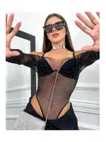 Beatiful Kadın Parlak Elmas Taşlı Omuz Detaylı File Body Bluz