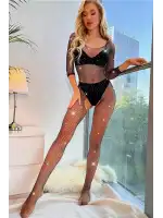 Kadın Özel Bölgesi Açık Kadın Full Taşlı Bodysuit Fantezi Vücut Çorabı
