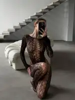 Leopar Desenli Özel Bölgesi Açık Vücut Çorabı