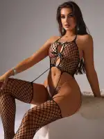 Kadın Siyah File Detaylı Jartiyerli Vücut Çorabı - Dekolteli Fiyonk Aksesuarlı Fantazi Lingerie Takım