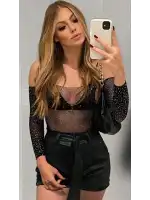 Beatiful Kadın Parlak Elmas Taşlı Omuz Detaylı File Body Bluz
