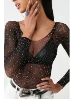 Beatiful Kadın Parlak Elmas Taşlı Omuz Detaylı File Body Bluz