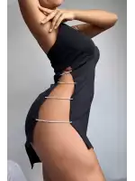 Taşlı Siyah Fantezi Mini Elbise
