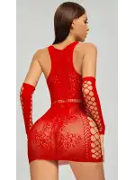 Kadın Kırmızı Fantezi Eldivenli Mini Elbise Vücut Çorabı