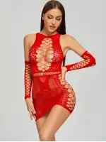 Kadın Kırmızı Fantezi Eldivenli Mini Elbise Vücut Çorabı